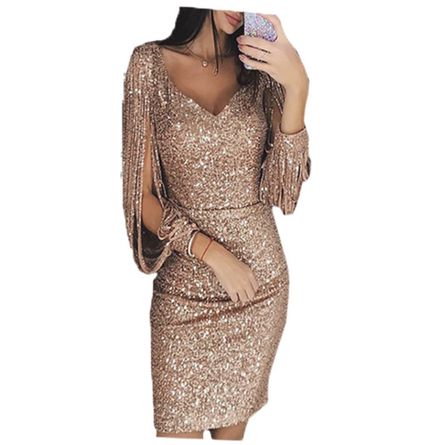 New European and American V-neck shimmery fringe long-sleeved bodycon maxi dress, elegant and professional commuting attire