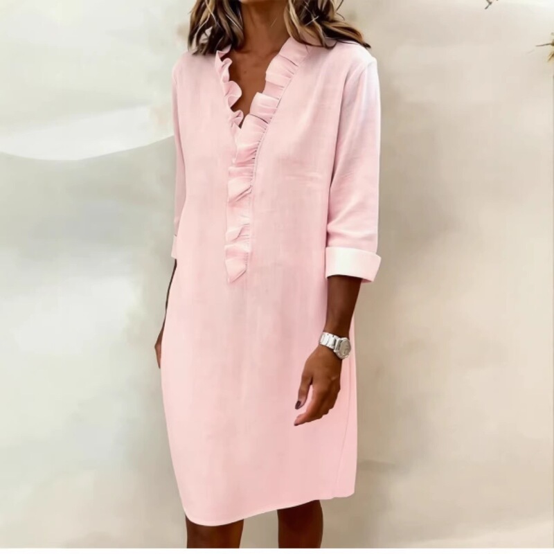2026 European and American cross-border spring new fashion commuter slim-fit women's ruffled long-sleeve cotton-linen shirt dress 2026 European and American cross-border spring new fashion commuter slim-fit women's ruffled long-sleeve cotton-linen shirt dress