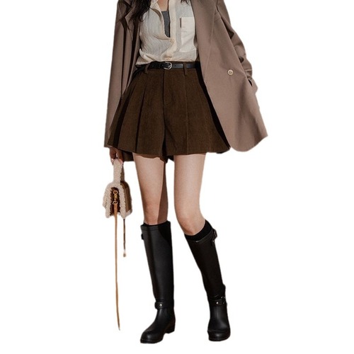 Women's Loose Design Sensory Korean Version Casual Pleated High-Waist A-Line Wide-Leg Shorts