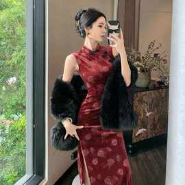年轻款高端新中式气质复古红色印花丝绒优雅旗袍女日常显白连衣裙