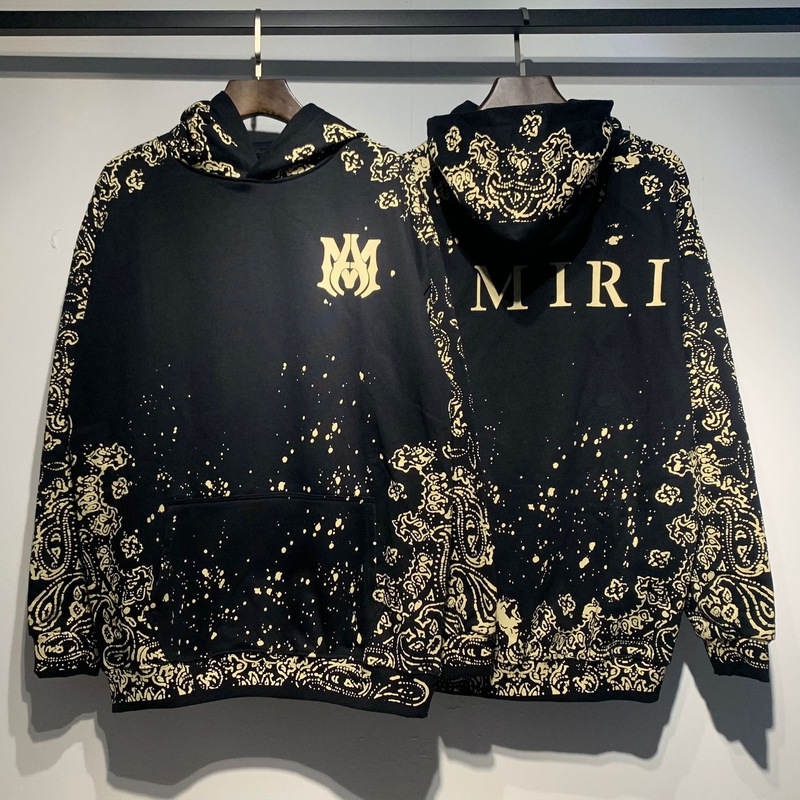 European and American Cross-Border Export Autumn and Winter New Amiri Golden Cashew Flower Pattern Hooded Sweatshirt for Men and Women, Trendy