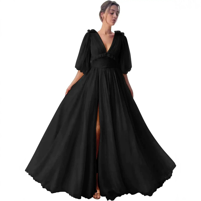 Elegant Puffy Sleeves Tulle Prom Dress Long Slit Prom Gown 2026 Women Formal Evening Dress Elegant Puffy Sleeves Tulle Prom Dress Long Slit Prom Gown 2026 Women Formal Evening Dress