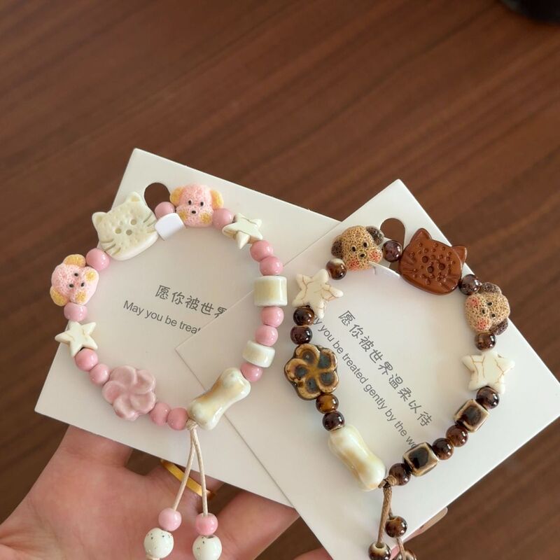 Cute ceramic bracelet high color value kitten and puppy good friend new couple girlfriends woven hand rope does not fade