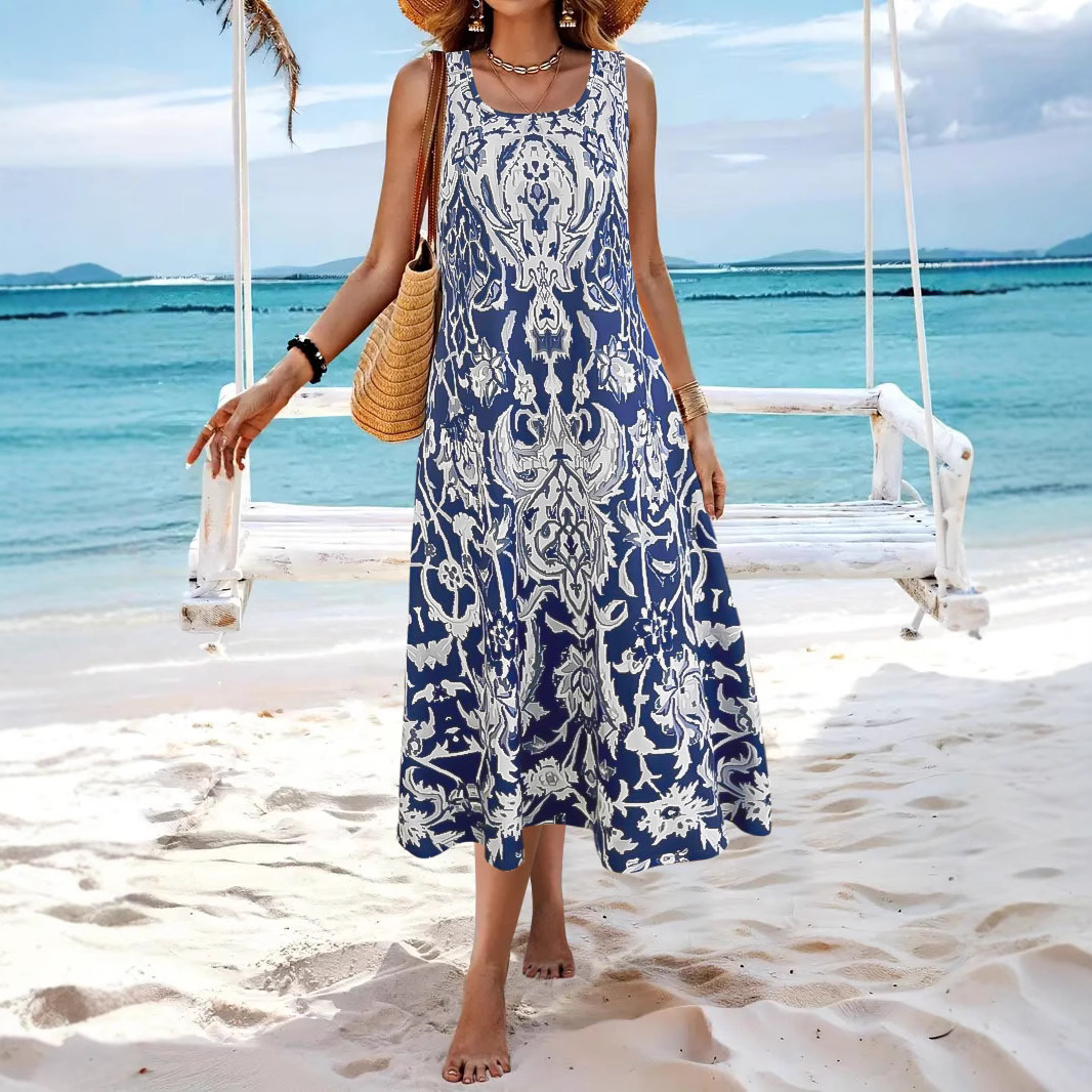 2025 Cross-Border Foreign Trade Bohemian Printed For Women, Summer Fashionable Elegant Round Neck Sleeveless Long Dress_ecoleips.com
