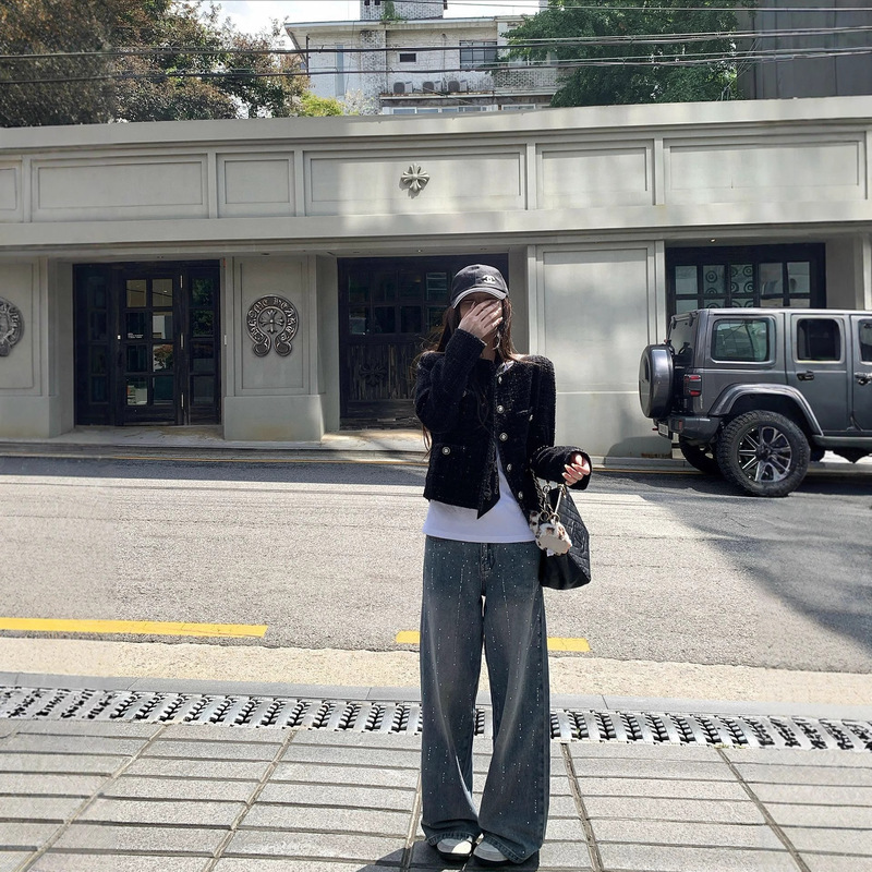 Ti Sister [Broken Star River] Women's Jeans for Autumn with Heavy Rhinestone Embellishments, Mid-Low Waist, Vintage Wide-Leg Trousers