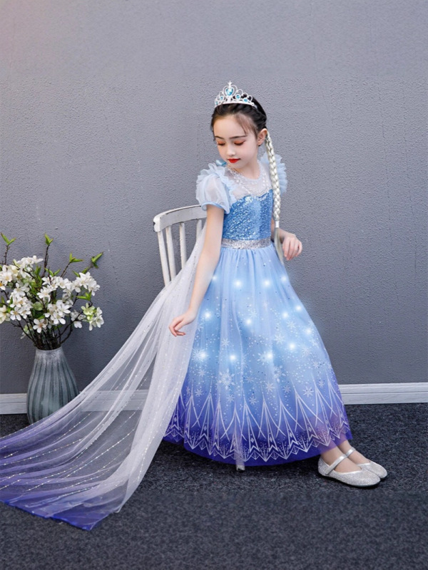 女の子用光るロングドレス アナと雪の女王 エルサ プリンセスドレス パフスリーブワンピース 取り外し可能なフロア丈のトレーン付き子供ドレス|undefined