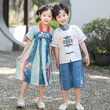 男女童夏季新款中国风唐装古风汉服双喜套装节日表演班服一件代发