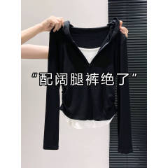 设计感假两件连帽长袖T恤女春秋2025新款收腰褶皱显身材撞色上衣