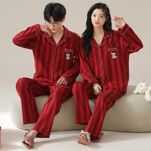 [Pure Cotton] Couple Pajamas Women's Spring Autumn and Winter Home Clothes Long Sleeve Chic Cartoon Red This Year High-end