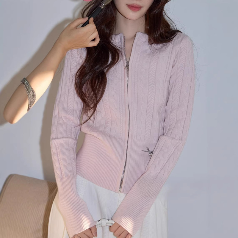 Pink Round Neck Cable Knit Cardigan for Women 2026 Spring Slim Fit Zipper Jacket Sweater Layering Top Pink Round Neck Cable Knit Cardigan for Women 2026 Spring Slim Fit Zipper Jacket Sweater Layering Top