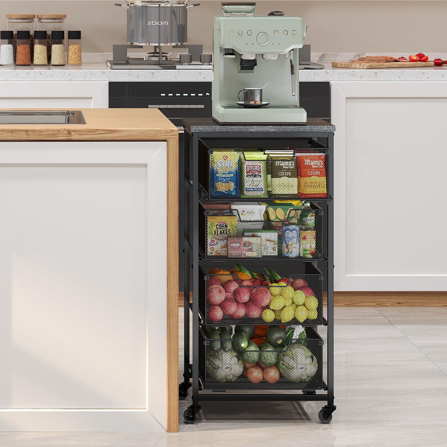 Four-layer Fruit Vegetable Storage Cart Kitchen Organizer Cart with Wheels Storage Cart with Drawers