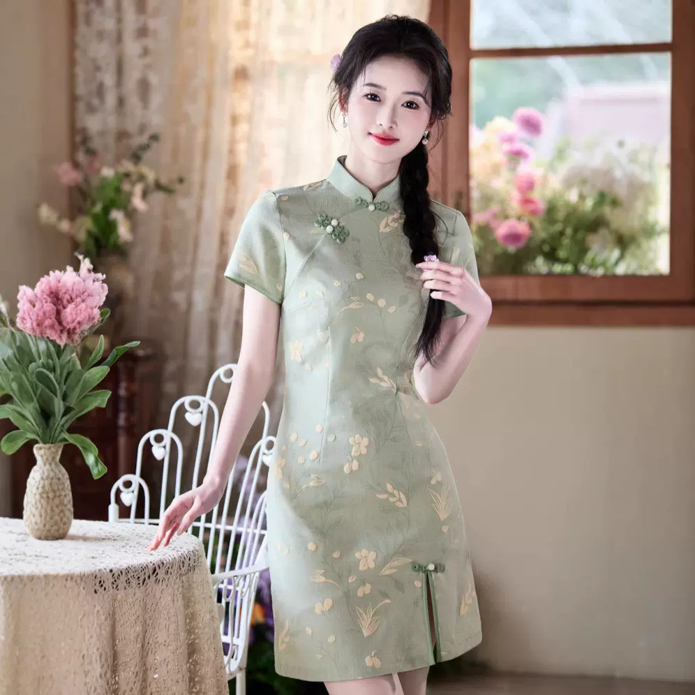 2025夏新款旗袍仿竹节麻印花前开叉短款小个子新中式小清新女旗袍