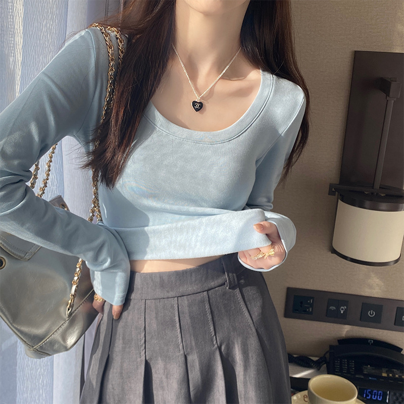 Brushed Base Layer Short-Sleeve Autumn and Winter 2025 New Style U-Neck Long-Sleeve Low-Neck Fleece-Lined Thickened Warm Blue Inner Top