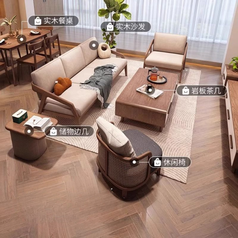 All Solid Wood Nordic Fabric Sofa Simple Living Room Small Apartment Modern Three-Seat Fully Assembled Ash Wood Sofa Combination