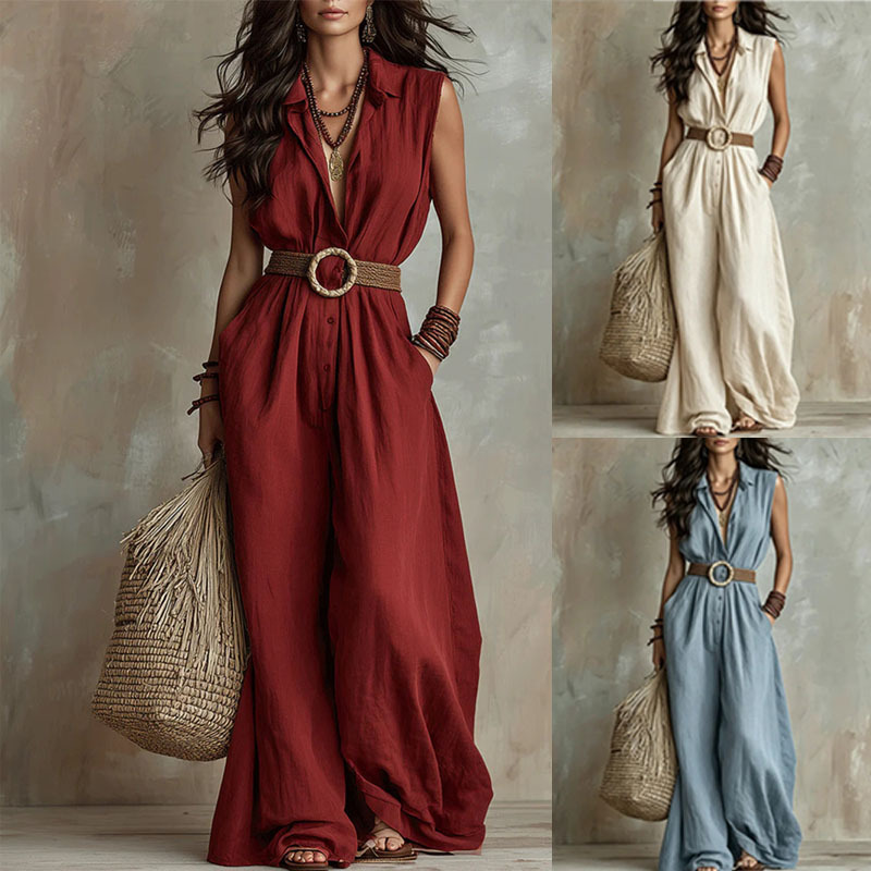 European and American Style Cross-Border Summer Vacation Style Sleeveless Jumpsuit for Women with Lapel Collar, Waist-Cinching, Slimming Wide-Leg Casual Long Pants European and American Style Cross-Border Summer Vacation Style Sleeveless Jumpsuit for Women with Lapel Collar, Waist-Cinching, Slimming Wide-Leg Casual Long Pants