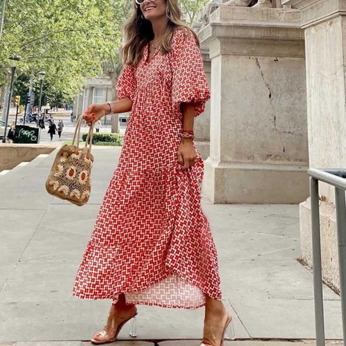 Geometric Print Bubble Sleeve Dress for Street Style, Bestselling Item for Plus-Size Women in Autumn