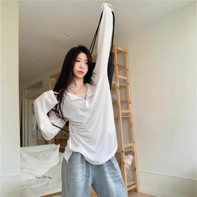 White Loose Mid-length T-shirt Women's Summer 2025 New Style Lazy Style Long Sleeve Sunscreen Blouse Top White Loose Mid-length T-shirt Women's Summer 2025 New Style Lazy Style Long Sleeve Sunscreen Blouse Top