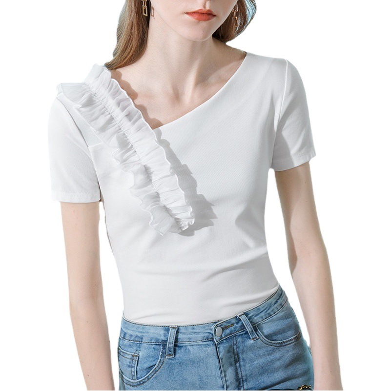 Nueva blusa francesa con volantes de verano 2023 Camiseta de manga corta negra para mujer diseño sentido nicho