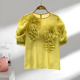 Summer Thin Shirt Women's French High-end Diamond-studded Three-dimensional Flower Chic Bubble Sleeve Chiffon Shirt All-match Top