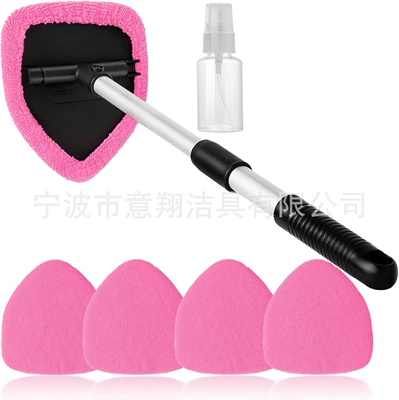 Car cleaning tools – Windshield Wiper Cleaning Brush Defogging - pentagonal-telescopic-pole-5-pink-cloth-covers-1-spray-bottle