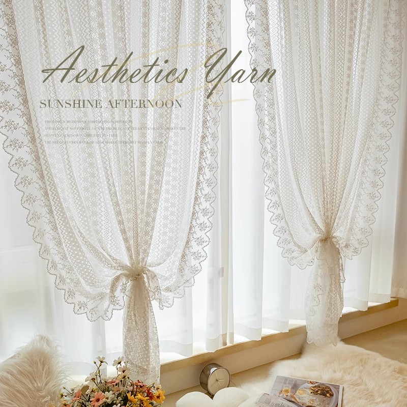 Bohemian Lace Window Screen French Retro White Lace Hollow American Window Screen Wholesale Dreamy Living Room Gauze Curtain