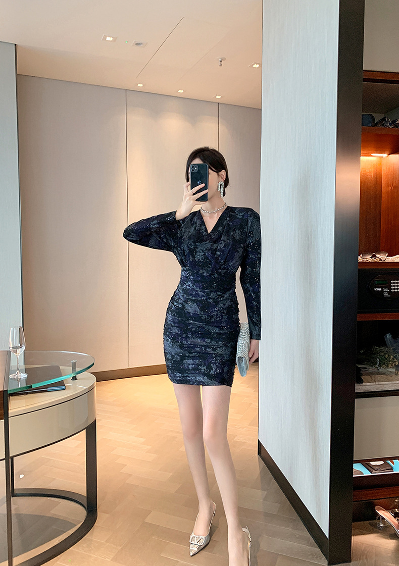 Đầm ôm body nữ cổ cọc Jacquard thêu hoa nhũ — Màu tím đen chi tiết 17