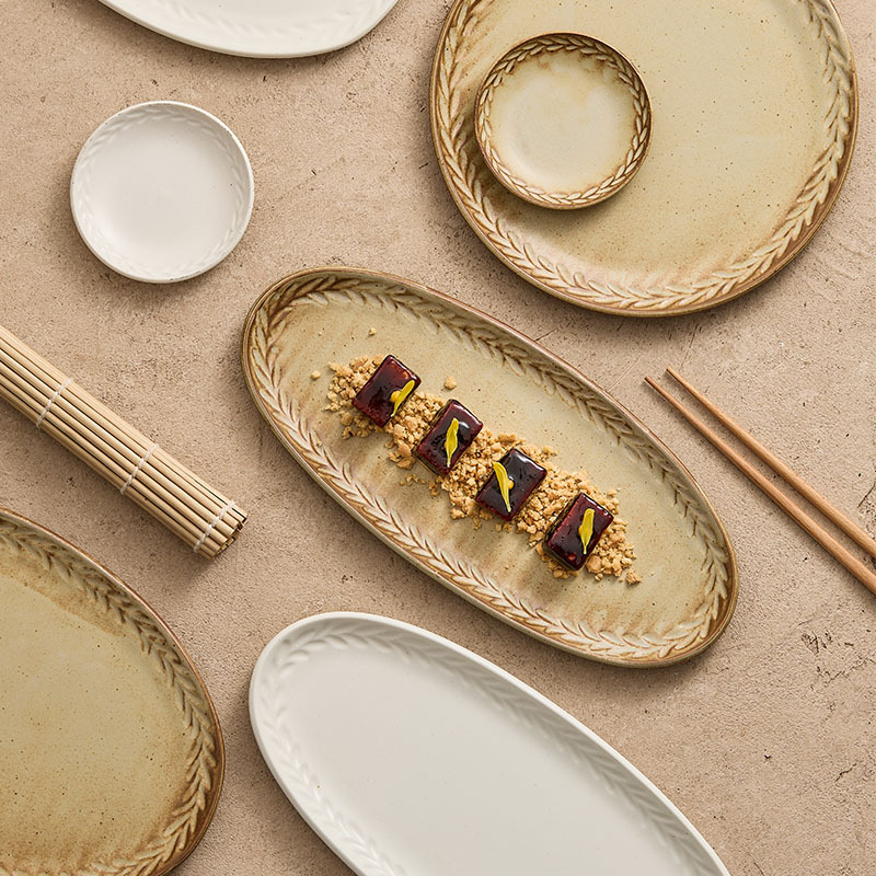 Impresión medieval pequeña platos oval platos simples modernos platos de cerámica de alto valor plato de platos de pescado plato plano