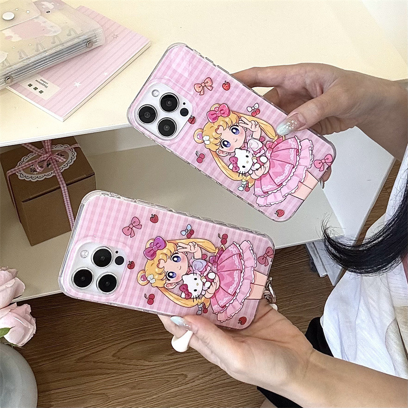 粉格纹鎏金美少女KT适用iPhone17苹果16ProMax手机壳15少女14新款|undefined