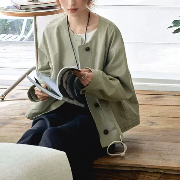 「白描」"Cozyfit"早秋新品亚麻棉箱型宽松短风衣夹克外套