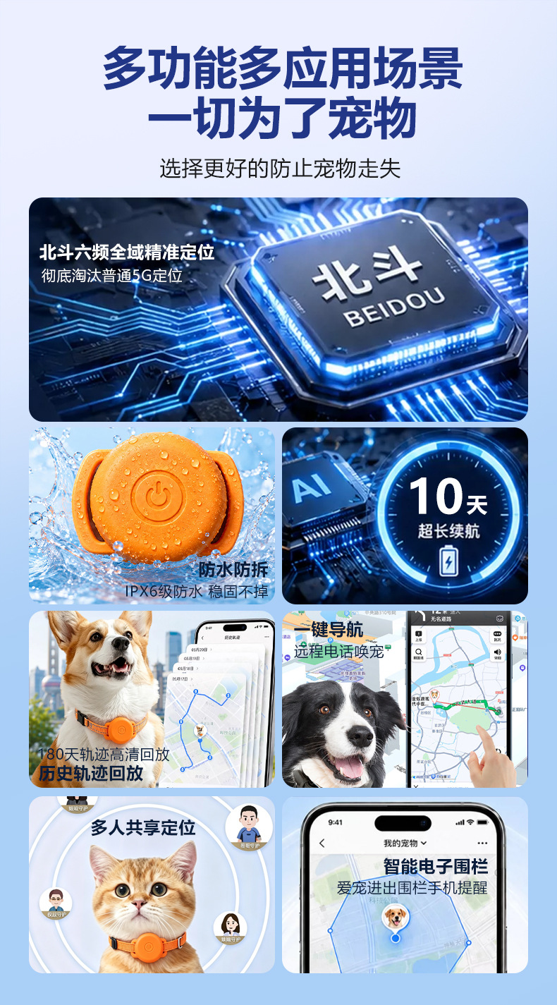 Mini GPS pet locator, anti-lost device for dogs, cat collar, waterproof tracker for lost pets