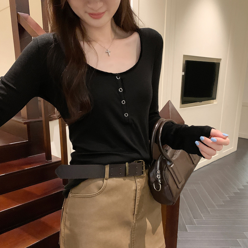 纯欲辣妹大圆领掐腰长袖T恤女2025秋季薄款修身打底衫百搭显瘦上|undefined