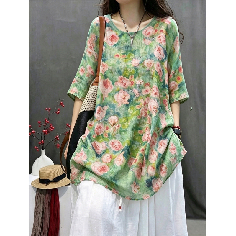 New Summer Vintage Casual Versatile Design Printed Ramie Long Robe New Summer Vintage Casual Versatile Design Printed Ramie Long Robe