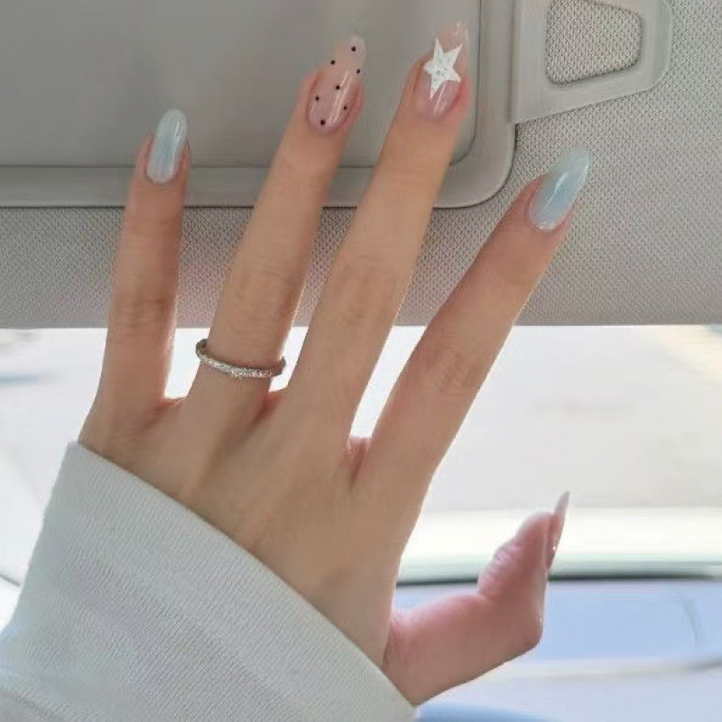 【Sea Salt Stars】Summer New Style Ice-Clear Polka Dot Handmade Cat Eye Nail Art High-End Ins Style Whitening Wearable Nail Patches