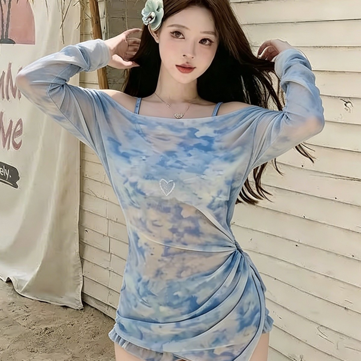 2026 New Bikini Swimsuit for Women with a Slightly Curvy Figure, Tie-Dye Off-Shoulder Mesh Long Sleeve Swimwear for Hot Girls in Summer