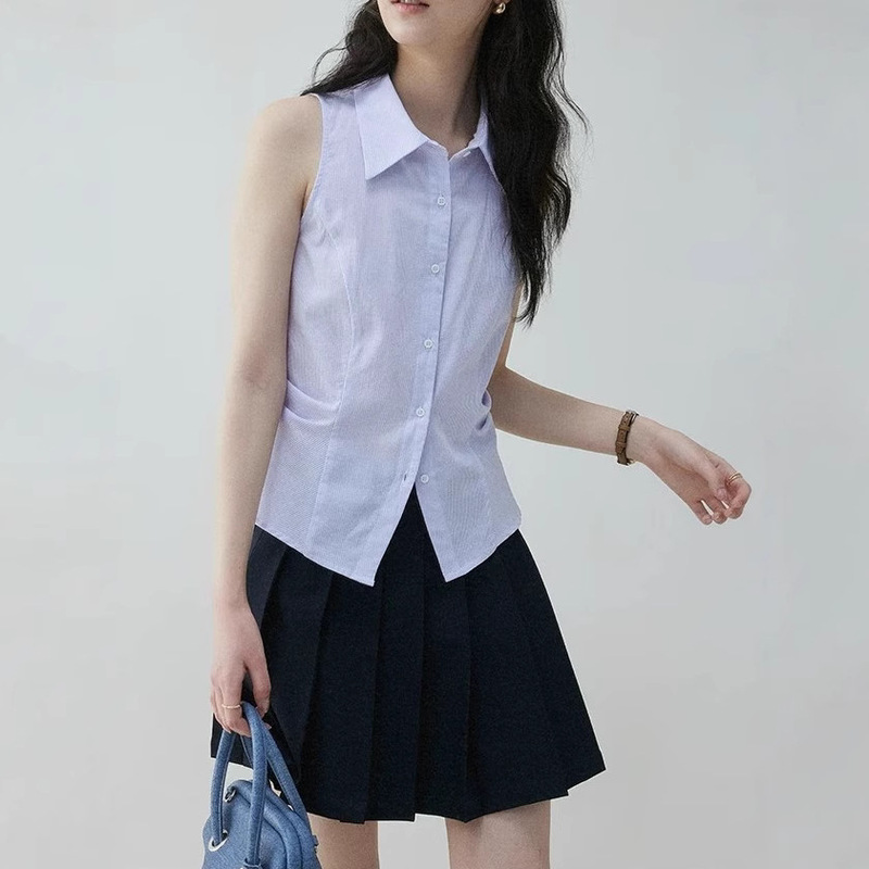 "Mustard Pie VOOE" French Style Waist Pleated Sleeveless Striped Shirt Women's Summer New All-match Elegant Top