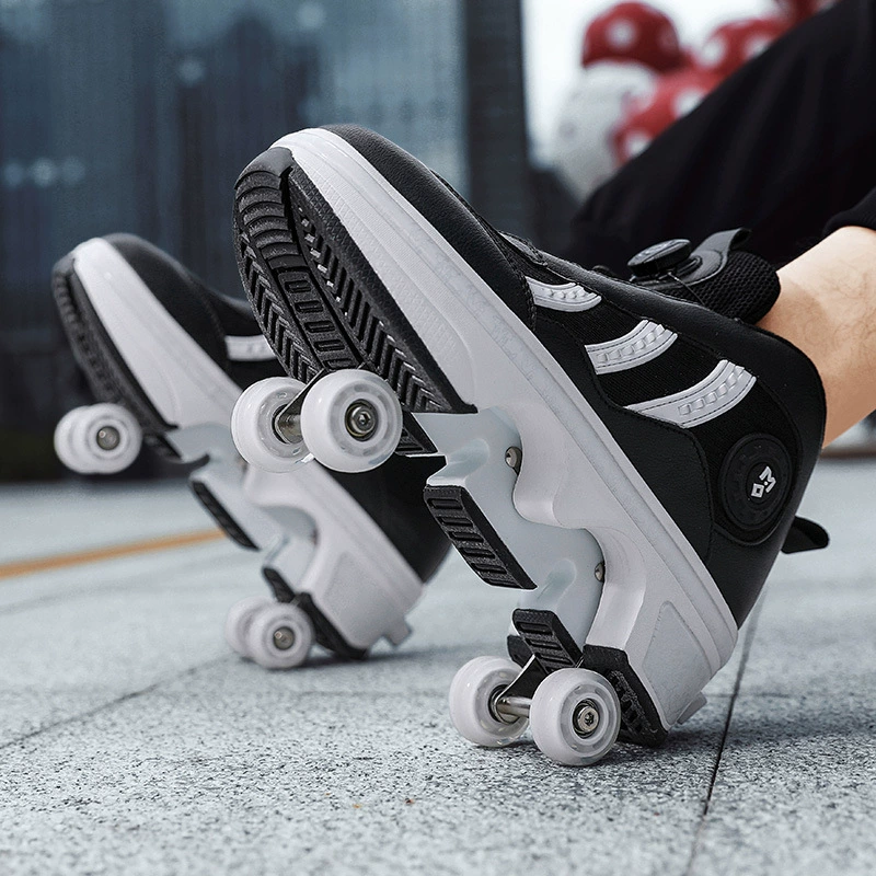 Transformable four‑wheel roller shoes, breathable mesh, unisex, sizes 33–43