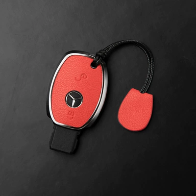 Made of Genuine Leather, High-End Shell | Car key bag - mercedes-benz-c-class-2-button-key-fob-case-minimalist-lanyard-style-grapefruit-red