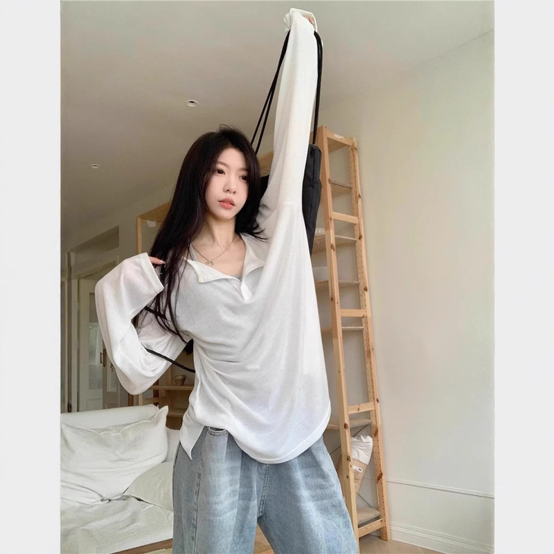 Grey Half-open Collar T-shirt Women's Button Sun-protection Shirt Spring 2025 New Loose Casual Instagram Style Meat Covering Base Top