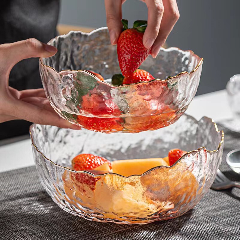 Gold-Edged Hammered Irregular Transparent Colored Glass Bowl Dinnerware Set Salad Bowl Fruit Bowl Wholesale Modern Minimalist Gold-Edged Hammered Irregular Transparent Colored Glass Bowl Dinnerware Set Salad Bowl Fruit Bowl Wholesale Modern Minimalist