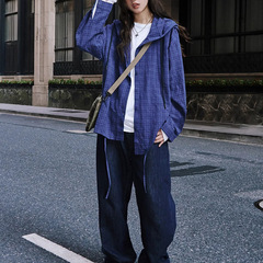 韩系连帽格子衬衫女2025秋季新款蓝色衬衣宽松慵懒风防晒长袖上衣