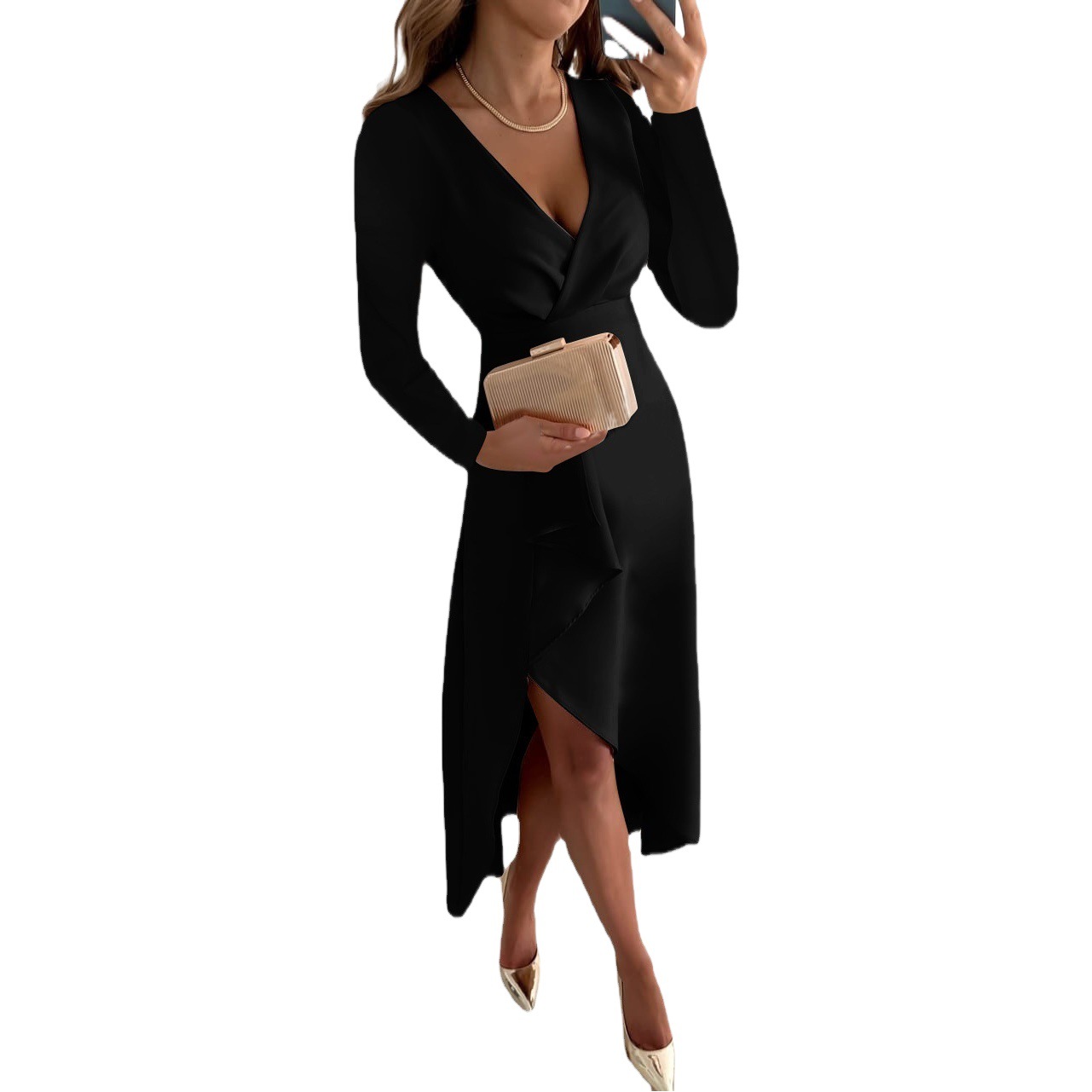 2022 estación independiente deseo Amazon popular Otoño e Invierno manga larga con cuello en V plisado dobladillo vestido dividido ropa de mujer image 1