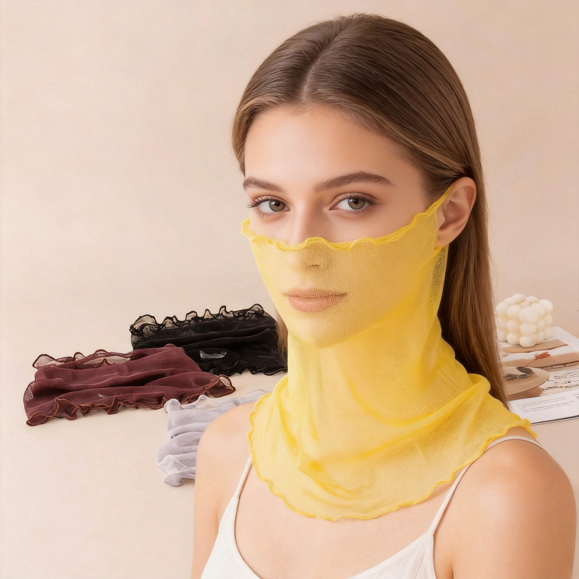 Summer Sun Protection Mask for Women, Neck Protection, Ear-Hanging Veil, Solid Color Neck Scarf, Outdoor Cycling Sun Protection Neck Cover, Face Mask