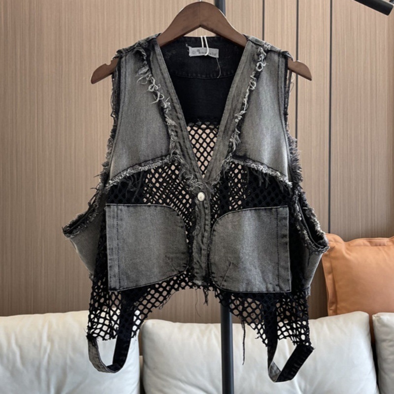 Personalized fashion brand street Denim vest women's clothing 2025 spring and summer new mesh stitching washed old short waistcoat