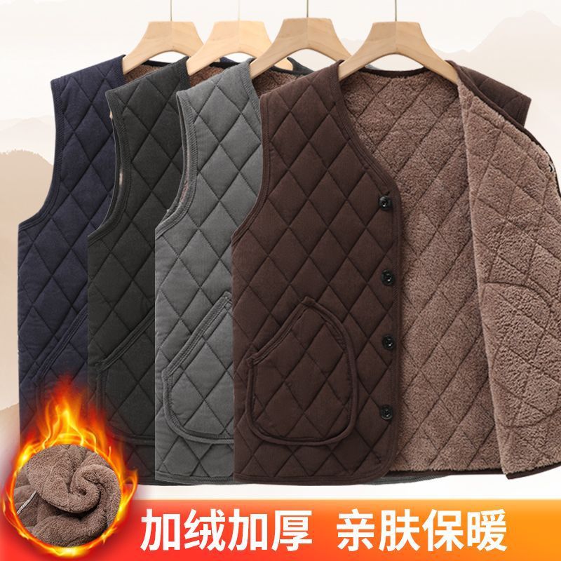 Middle-aged and elderly men's autumn and winter fleece-lined thickened warm short vest, loose fit, large size, versatile