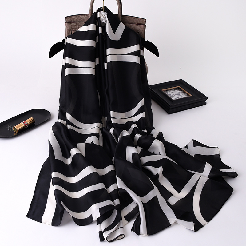 Winter, Summer, Spring Season Women's Gender Printing Design Women's Casual Simple Style Stripe Satin Printing Silk Scarf