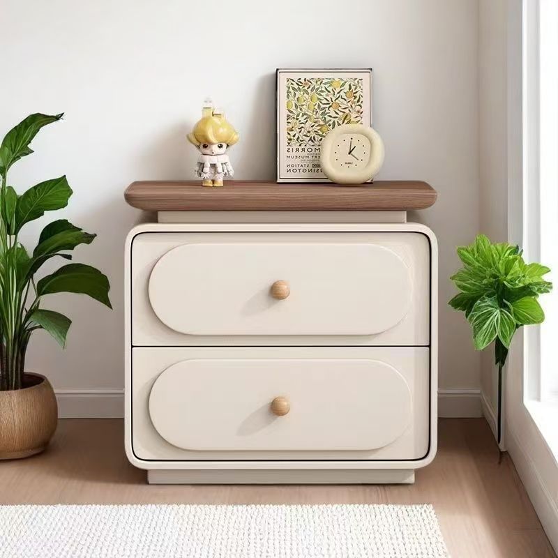 New Cream Solid Wood Modern Simple Bedside Table Light Luxury Small Bedroom Leather Home Bedside Table Storage