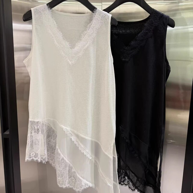 Cross-Border Japanese-Korean Dongdaemun Style Lace Patchwork V-Neck Irregular Long Vest for Women, Layered Sleeveless Top