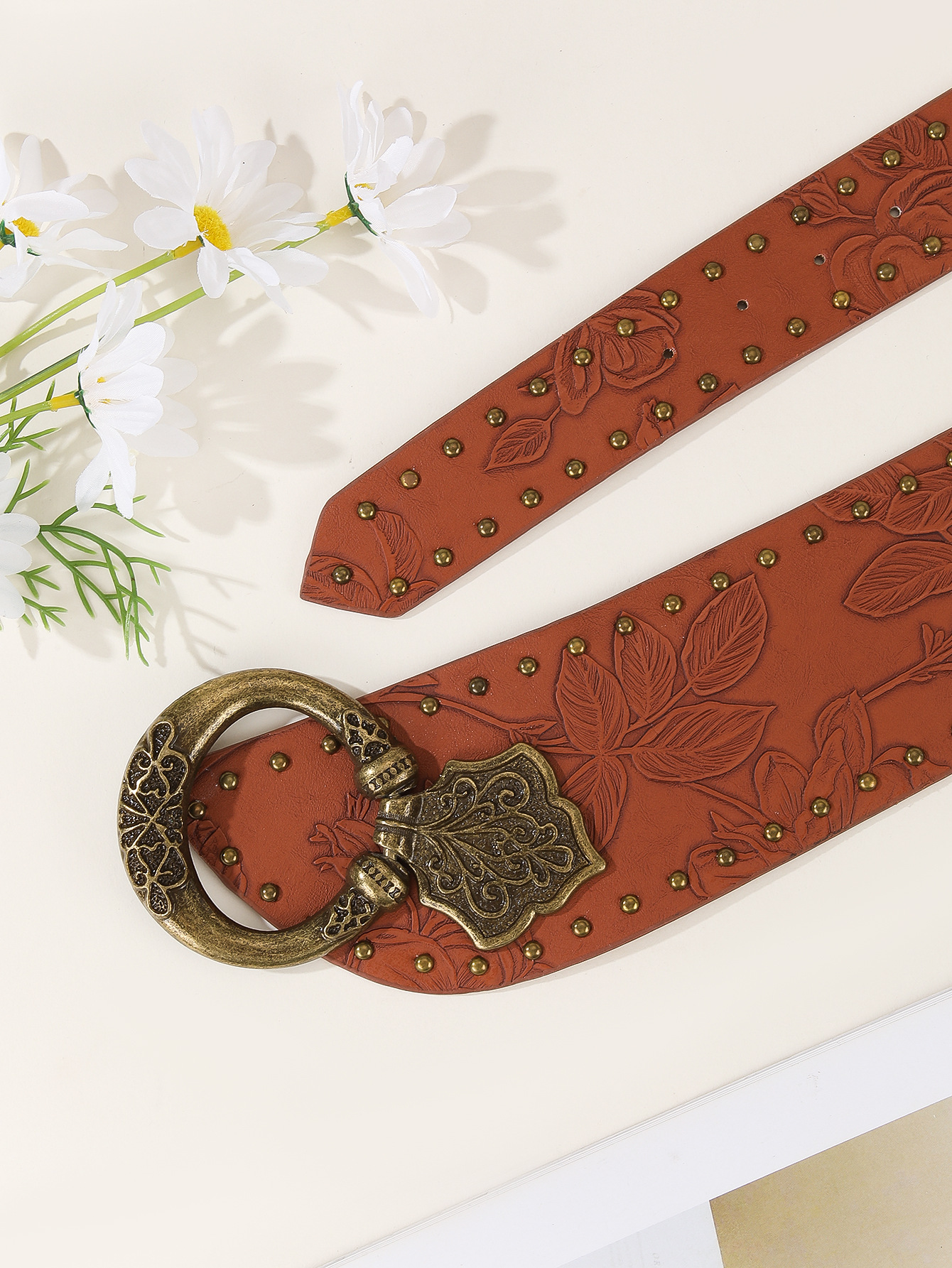 Women's Gender Punk Style Camel Color Punk Monogram Pu Leather Alloy  Women's Leather Belts