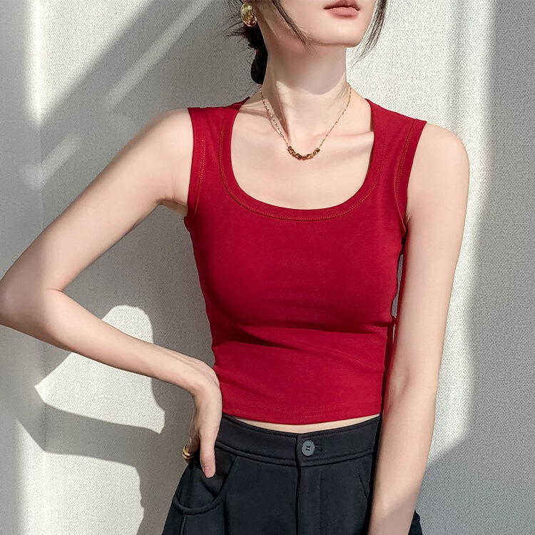 Korean Style Pure Desire Square Collar Wide Shoulder Pure Cotton Beautiful Back Vest Fixed Cup with Chest Pad Outer Wear Base Short Strapless Top