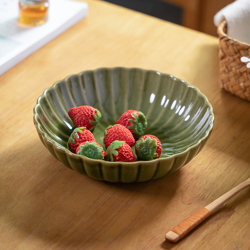 Plato de cerámica verde retro de estilo japonés, vajilla de cerámica, plato de fideos, plato casero, plato de desayuno ceremonial, plato de ensalada de frutas
